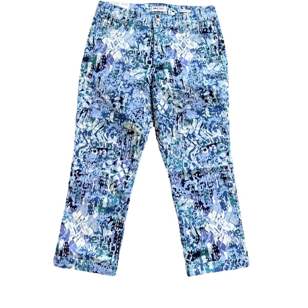Nine West Women's Beach Cuffed Capri Stretch Blue  Denim Print Sz4 NWT
